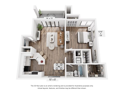 Floor plan for 1 bed, 1 bath, 977 sqft